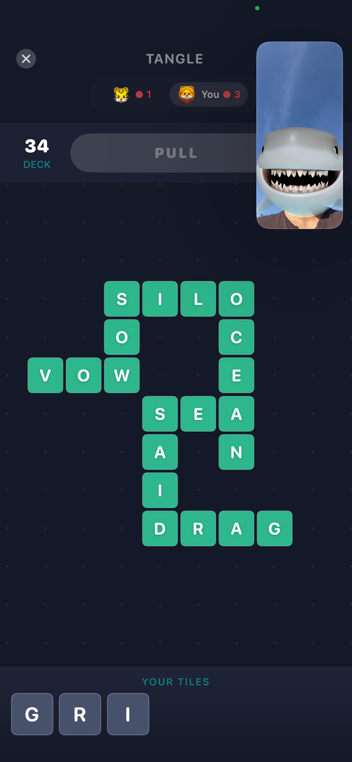 A word game running next to a FaceTime video tile
