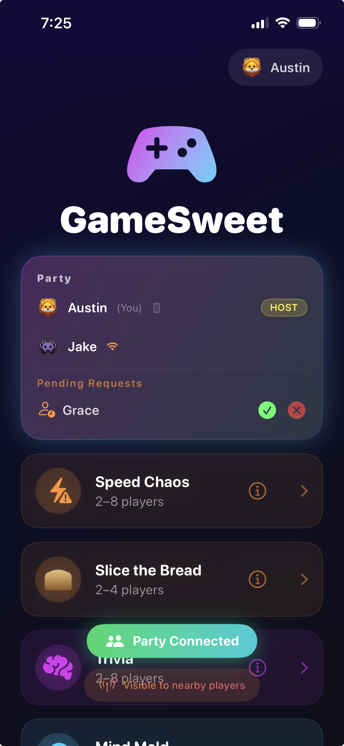 GameSweet home screen showing a connected party and a list of games